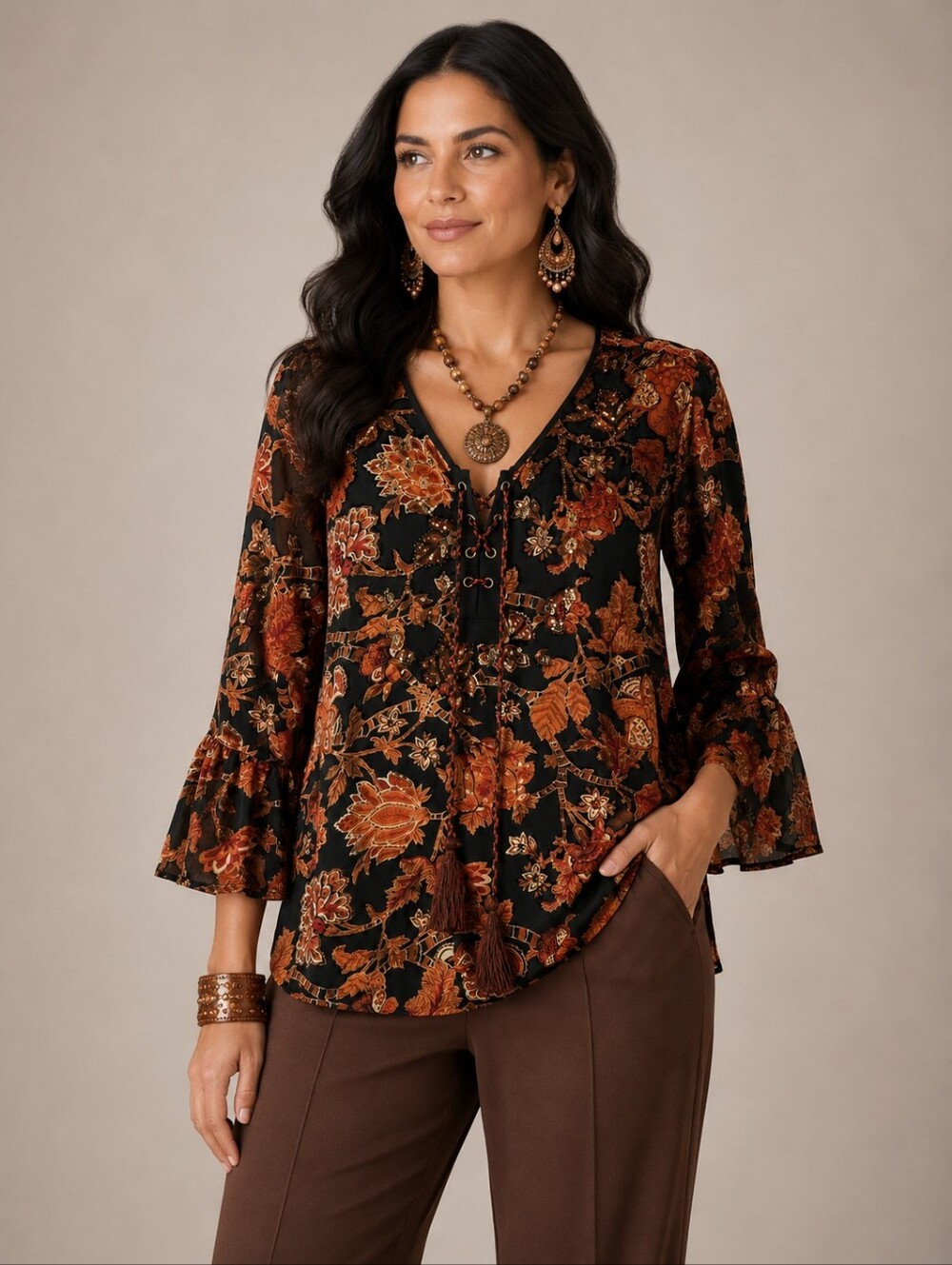 Black Floral V-Neck Bell Sleeve Top - Rust Floral